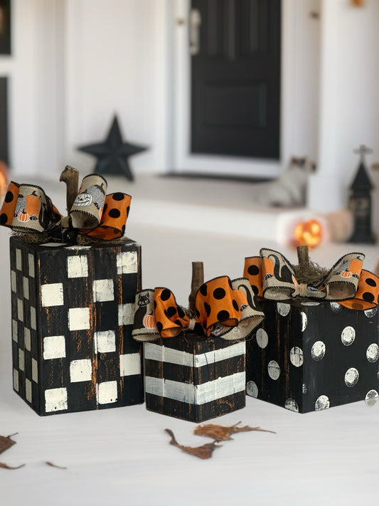 Set of 3 Black, White and Orange Wood Pumpkins